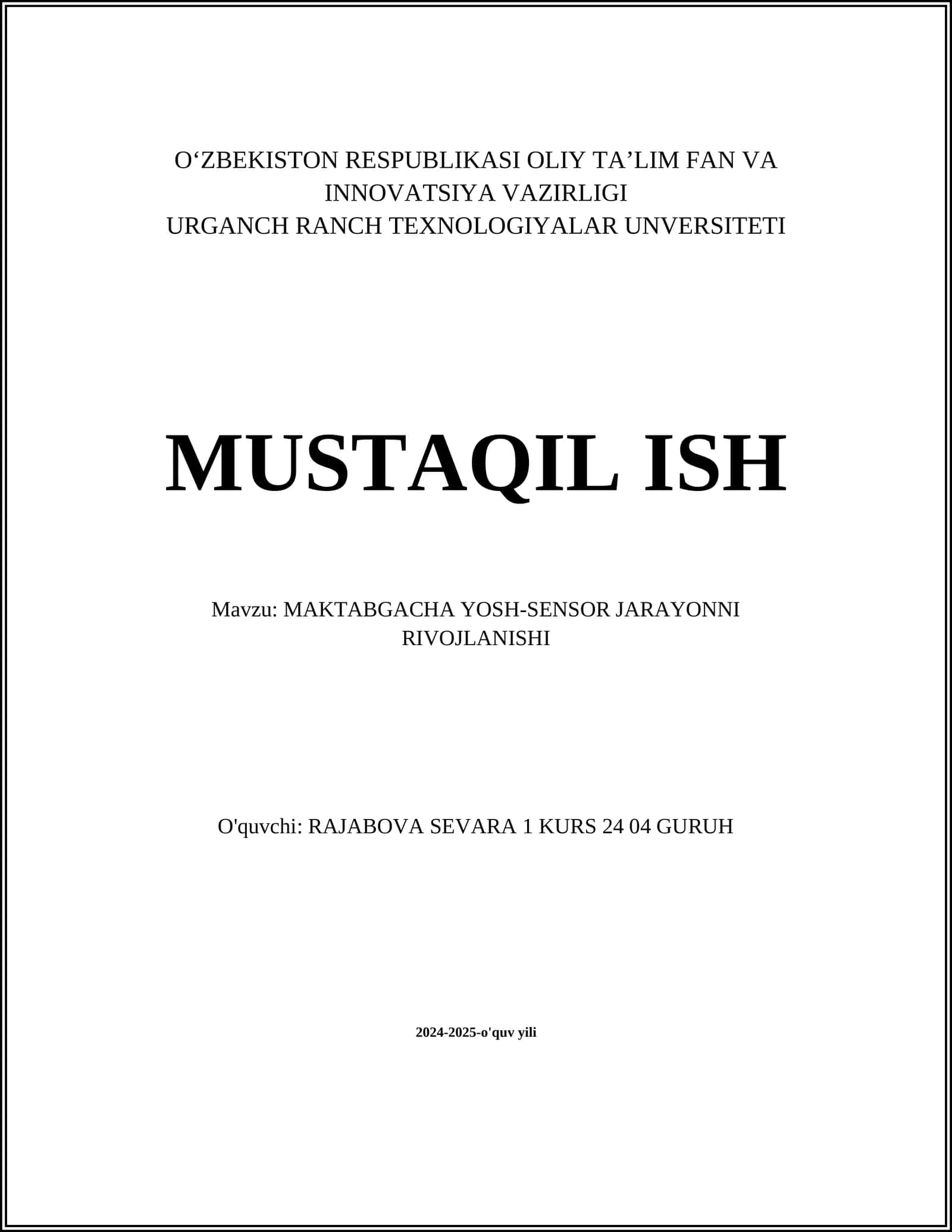 MAKTABGACHA YOSH-SENSOR JARAYONNI RIVOJLANISHI