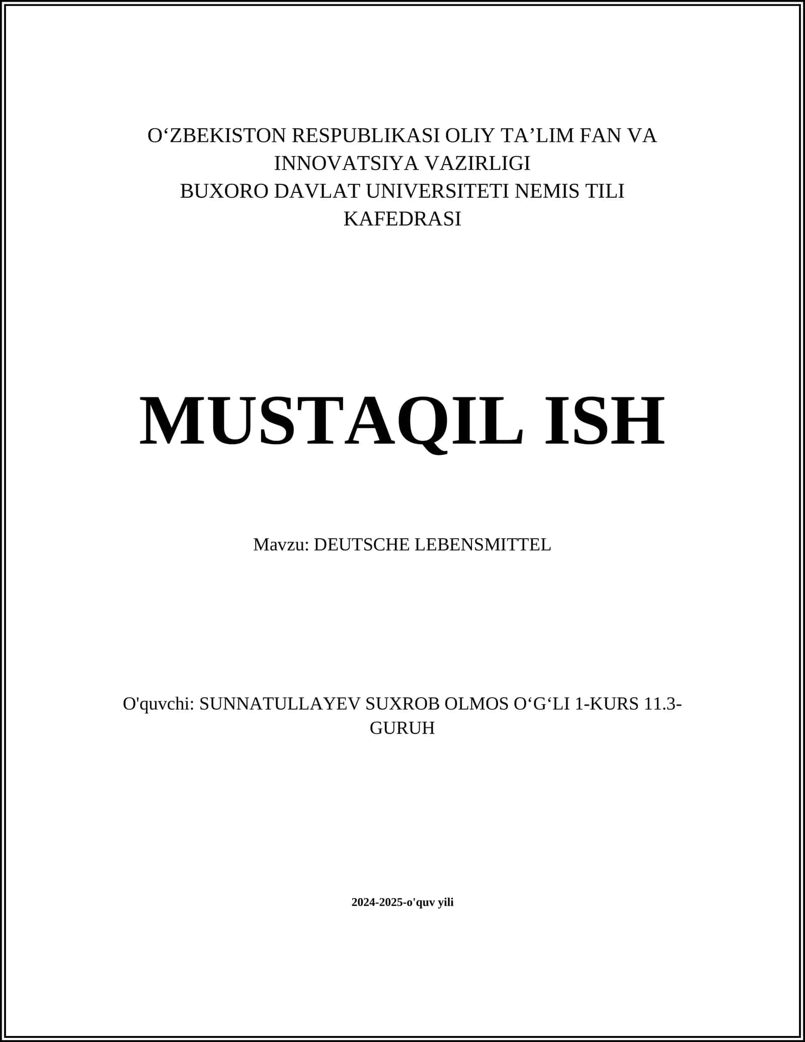 MUSTAQIL ISH Mavzu: DEUTSCHE LEBENSMITTEL