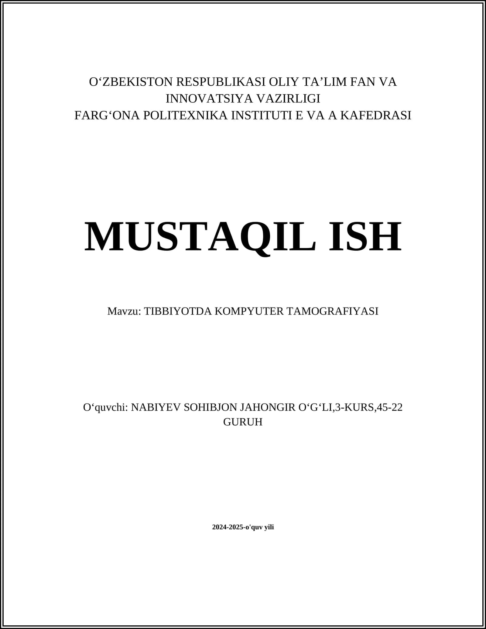 TIBBIYOTDA KOMPYUTER TAMOGRAFIYASI