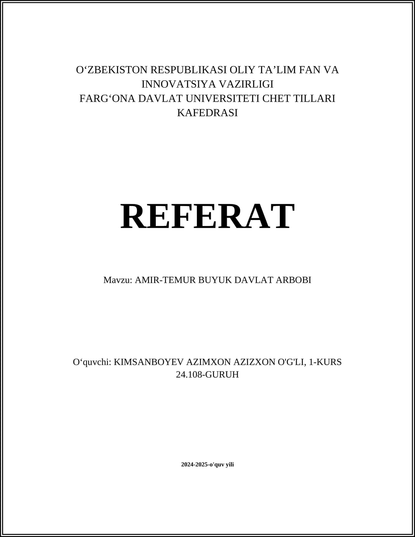 AMIR-TEMUR BUYUK DAVLAT ARBOBI