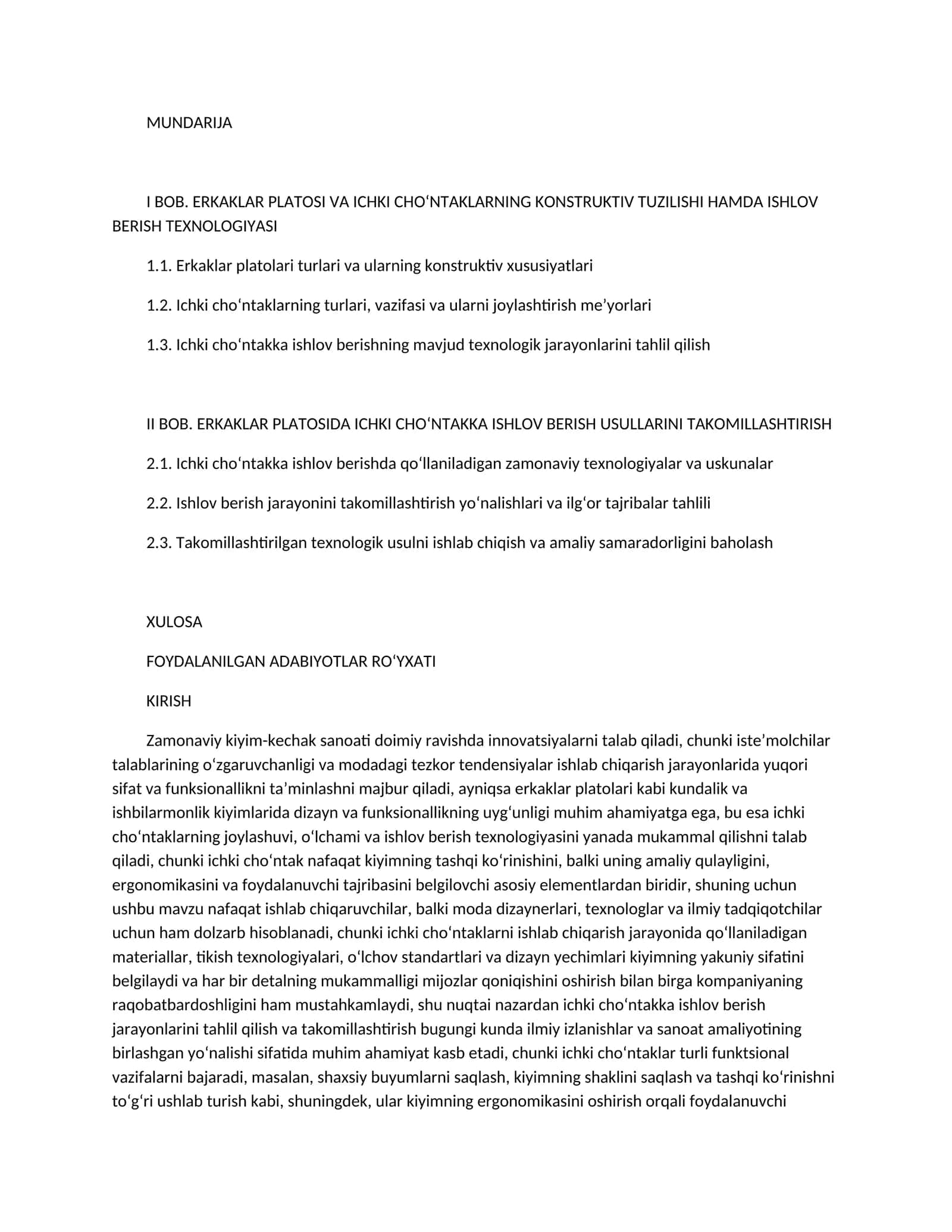 ERKAKLAR PLATOSI VA ICHKI CHO‘NTAKLARNING KONSTRUKTIV TUZILISHI HAMDA ISHLOV BERISH TEXNOLOGIYASI