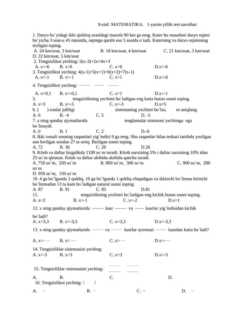 8-sinf. MATEMATIKA. 1-yarim yillik test savollari