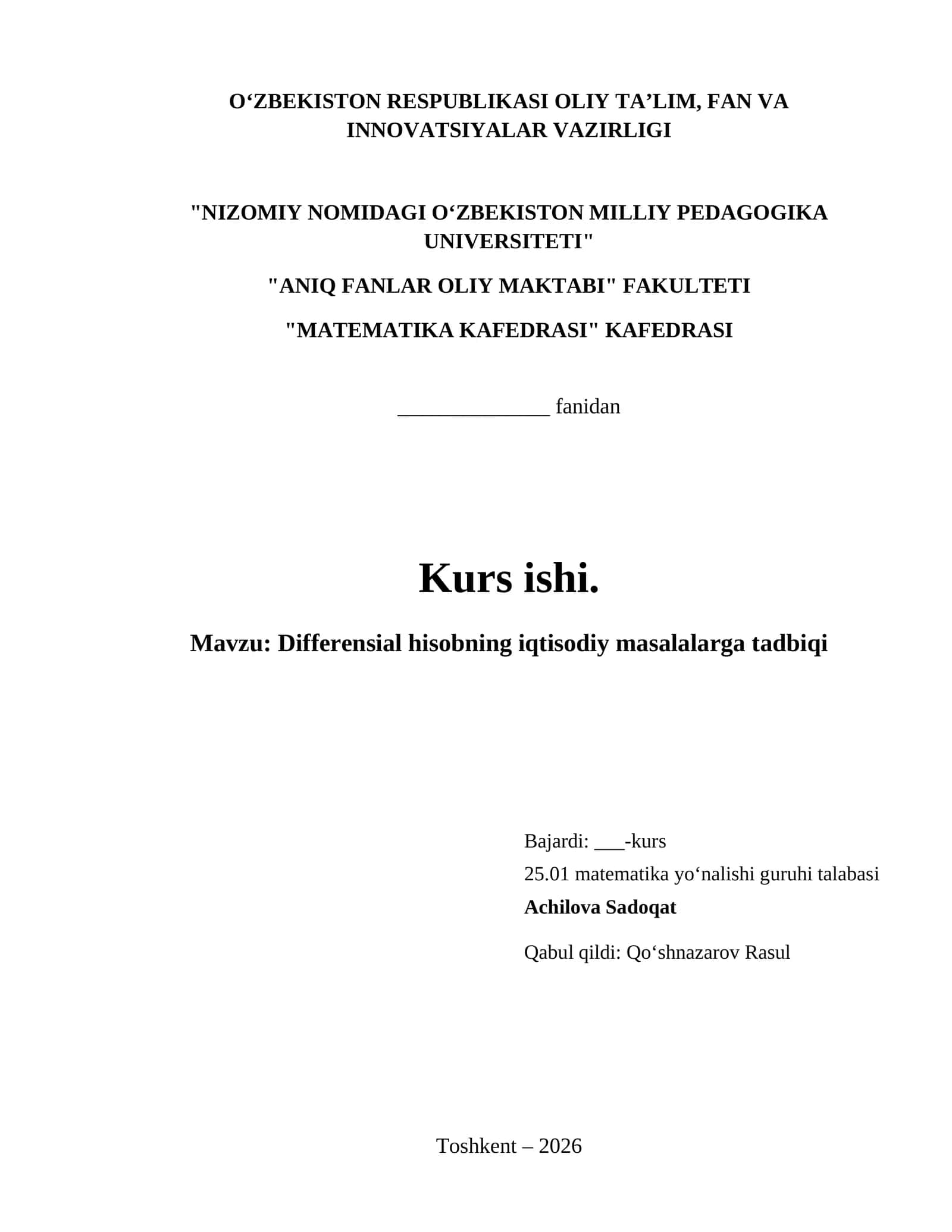 Differensial hisobning iqtisodiy masalalarga tadbiqi