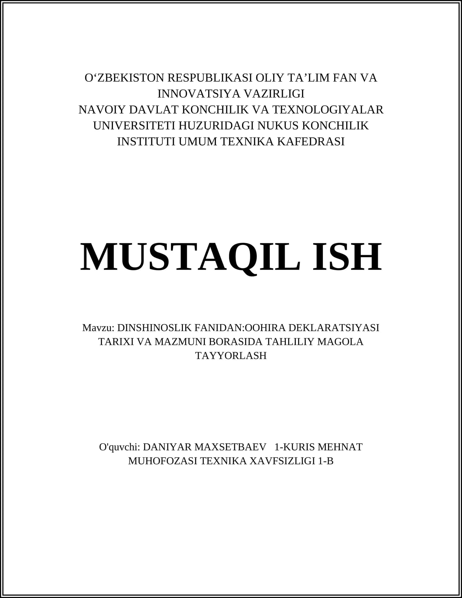 Oohira Deklaratsiyasi Tahlili