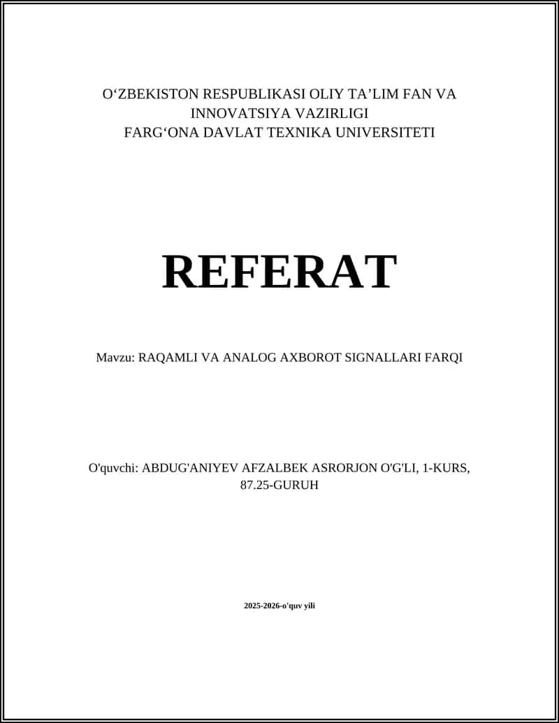 RAQAMLI VA ANALOG AXBOROT SIGNALLARI FARQI