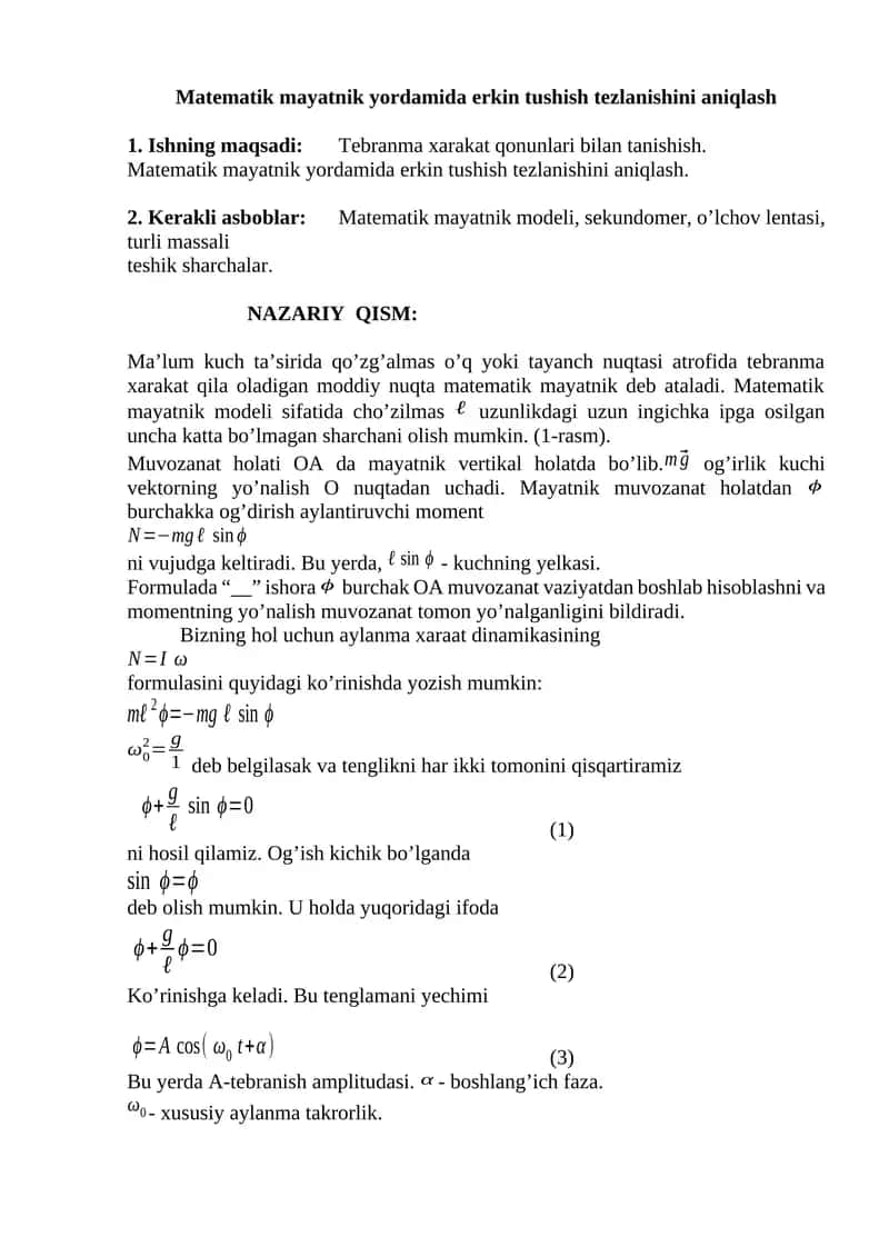 Matematik mayatnik yordamida erkin tushish tezlanishini aniqlash