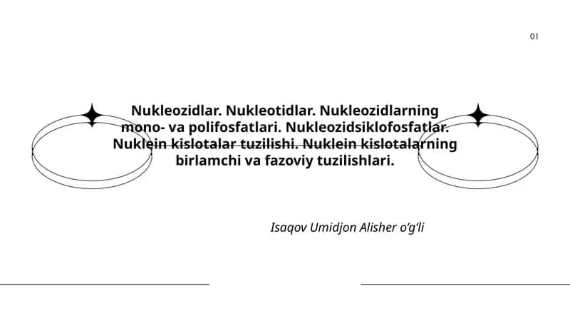 Nukleozidlar. Nukleotidlar. Nukleozidlarning mono- va polifosfatlari. Nukleozidsiklofosfatlar. Nuklein kislotalar tuzilishi. Nuklein kislotalarning birlamchi va fazoviy tuzilishlari