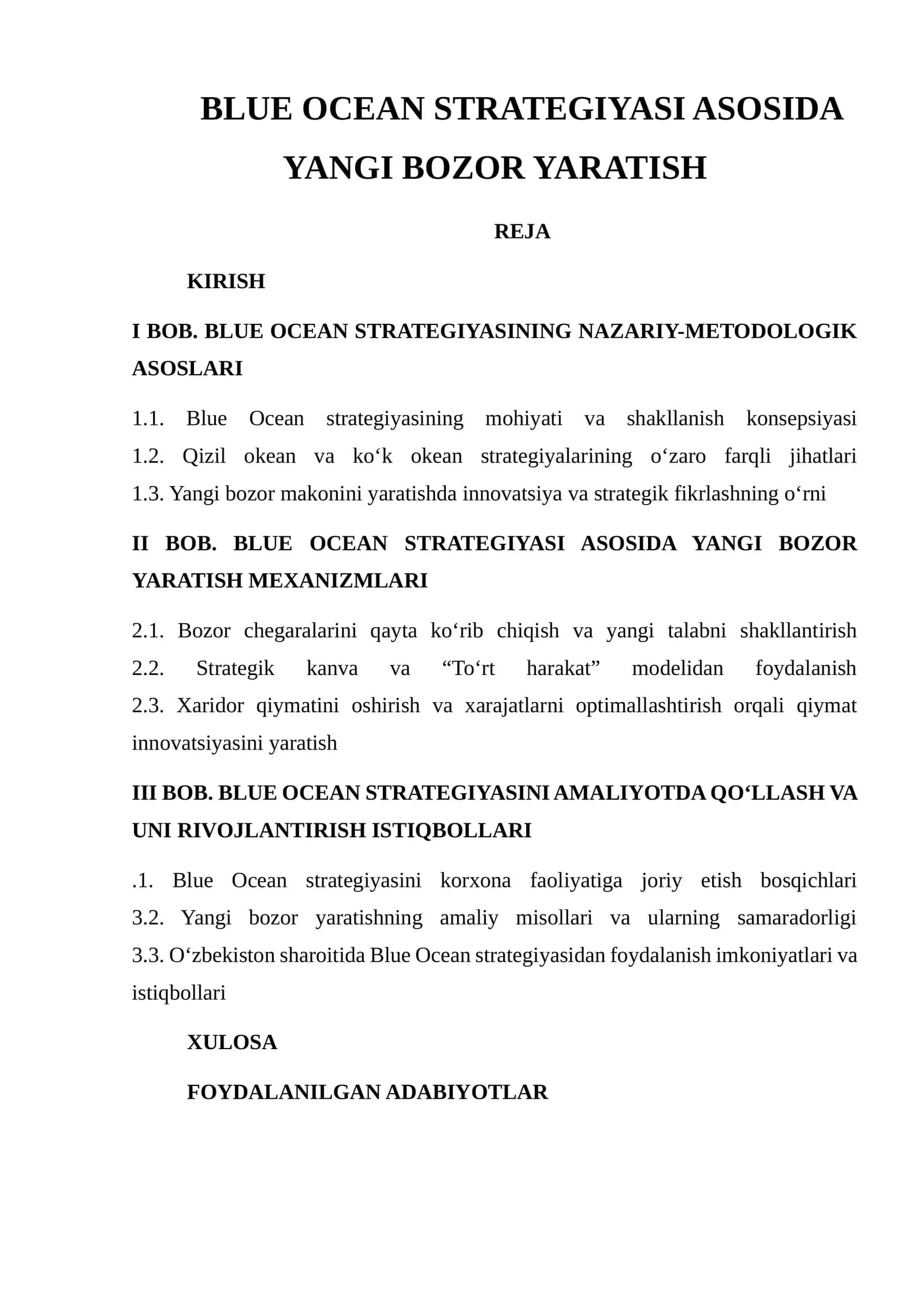 BLUE OCEAN STRATEGIYASI ASOSIDA YANGI BOZOR YARATISH
