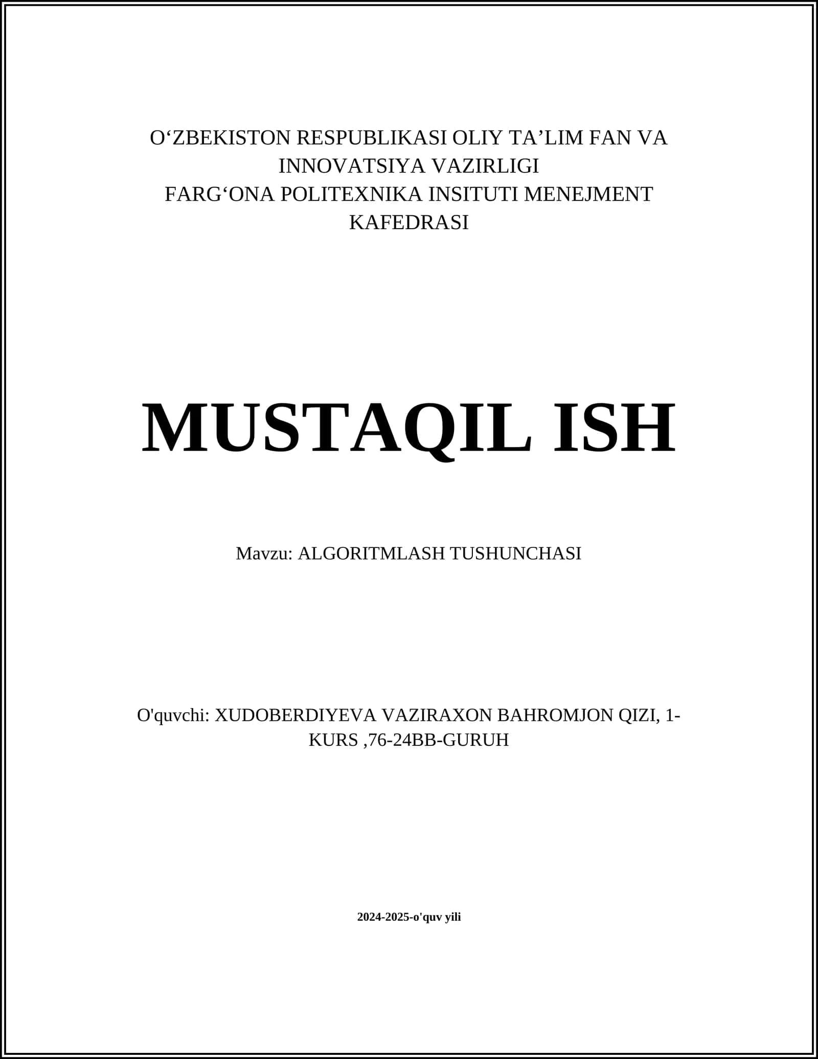 ALGORITMLASH TUSHUNCHASI