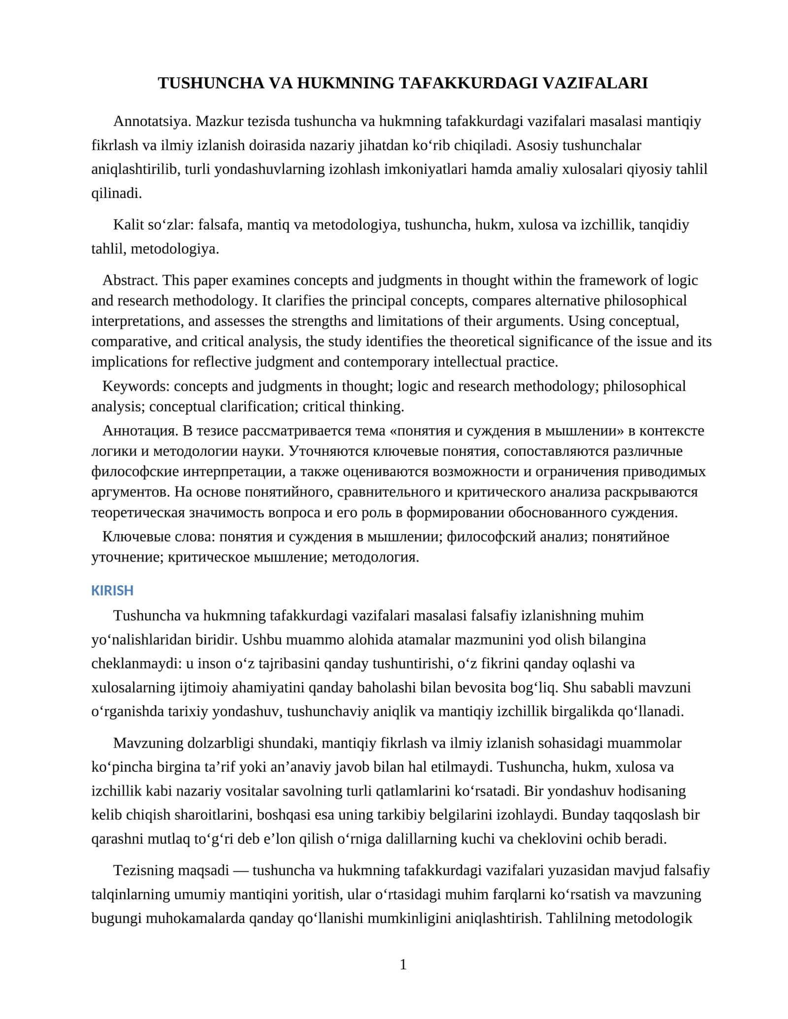 TUSHUNCHA VA HUKMNING TAFAKKURDAGI VAZIFALARI