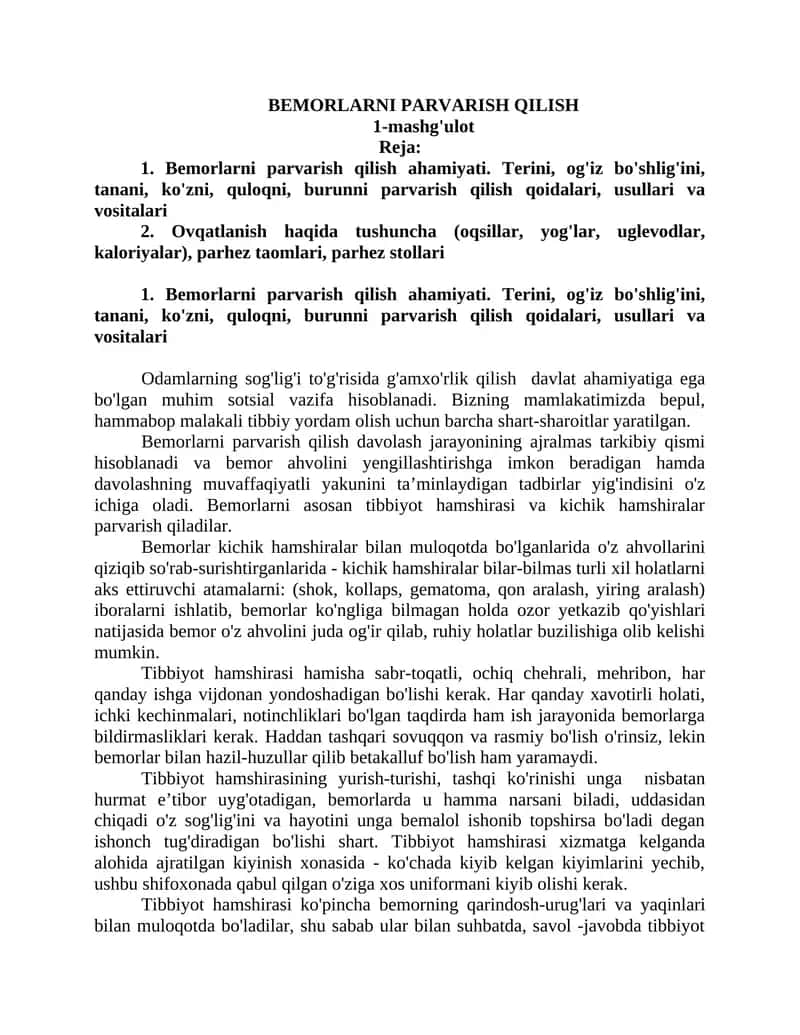 Bemorlarni parvarish qilish