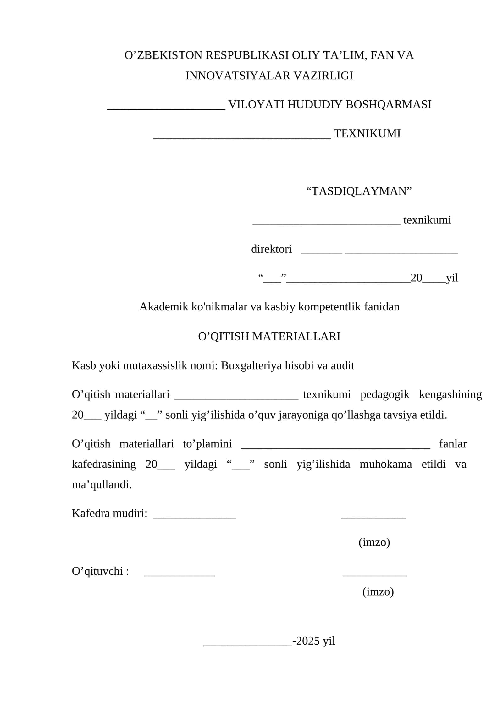 O'qituvchi materiallari: Buxgalteriya hisobi va audit