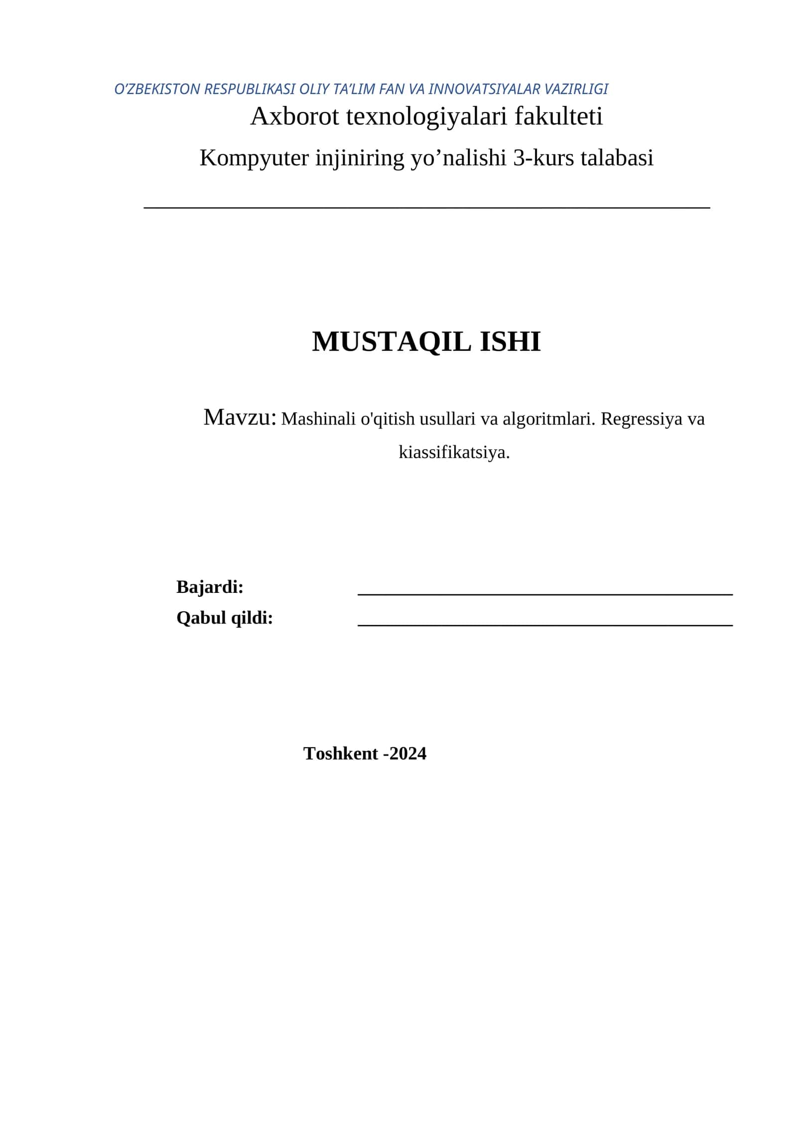Mashinali o'qitish usullari va algoritmlari. Regressiya va kiassifikatsiya