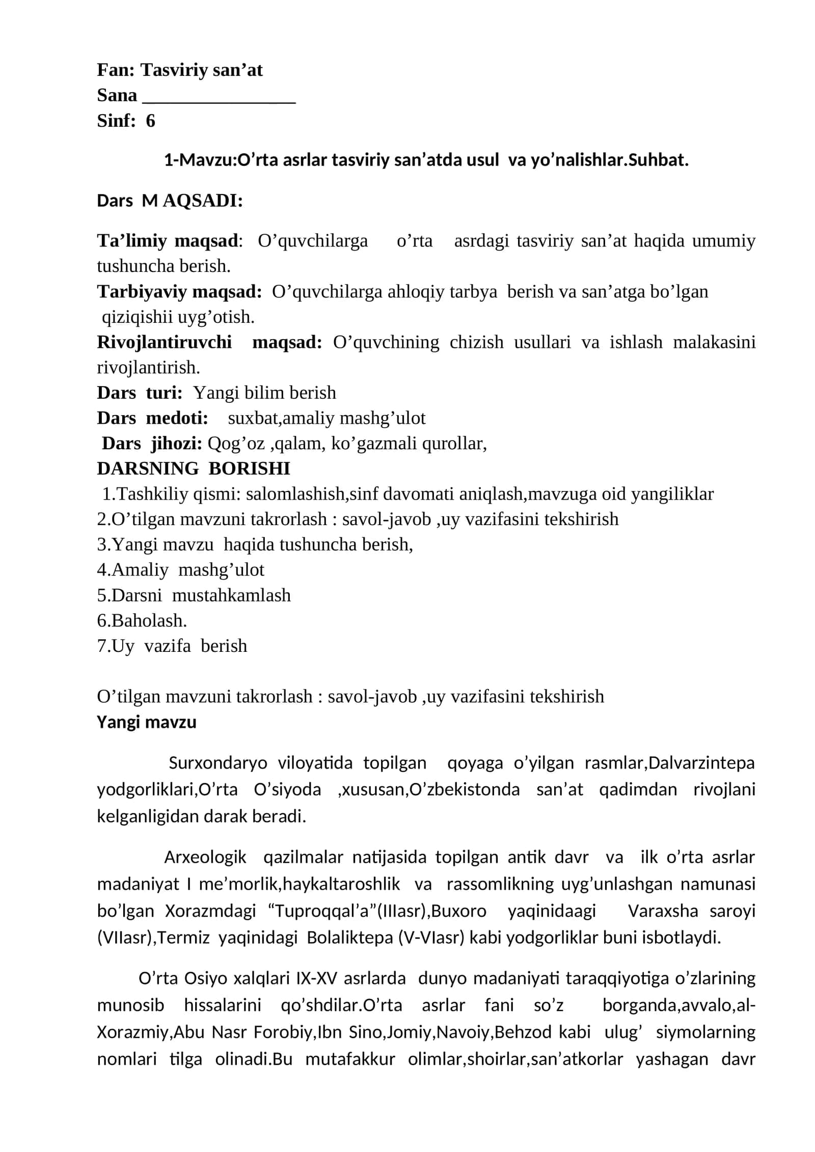 O’rta asrlar tasviriy san’atda usul va yo’nalishlar.Suhbat