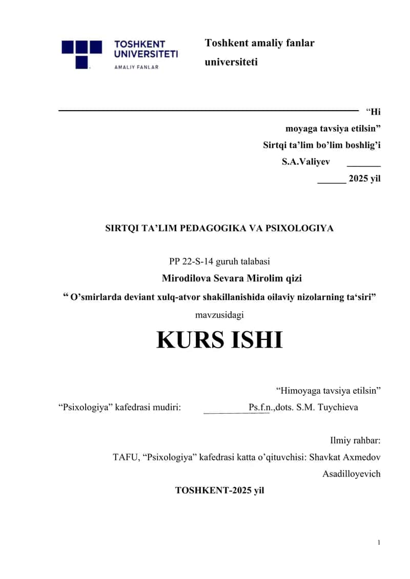 O’smirlarda deviant xulq-atvor shakillanishida oilaviy nizolarning ta‘siri
