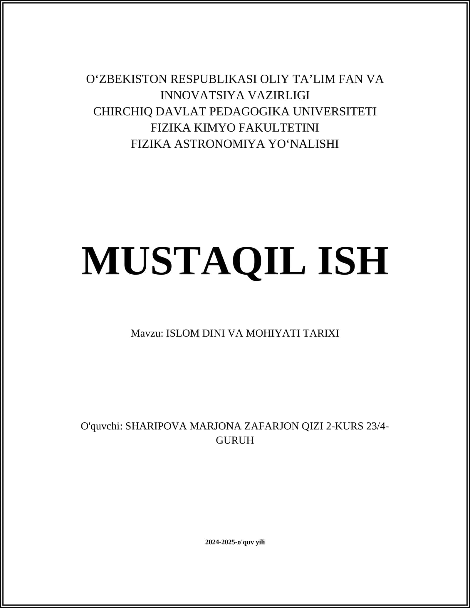 ISLOM DINI VA MOHIYATI TARIXI