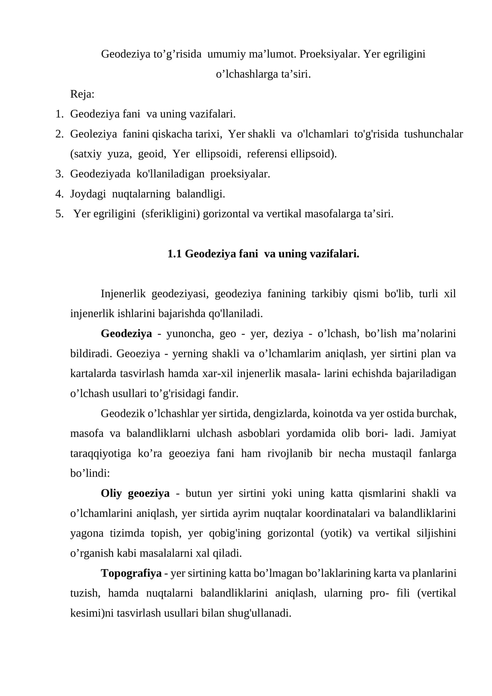 Geodeziya to’g’risida umumiy ma’lumot