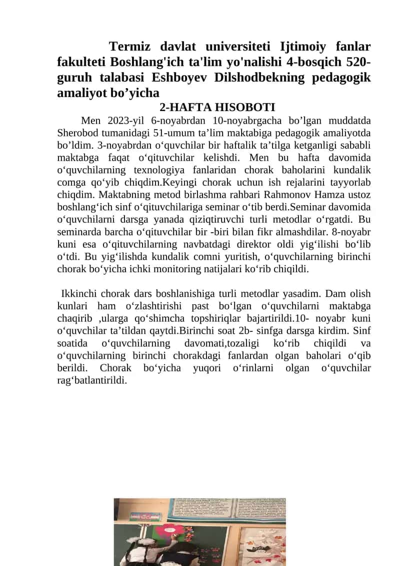 pedagogik amaliyot bo’yicha 2-HAFTA HISOBOTI