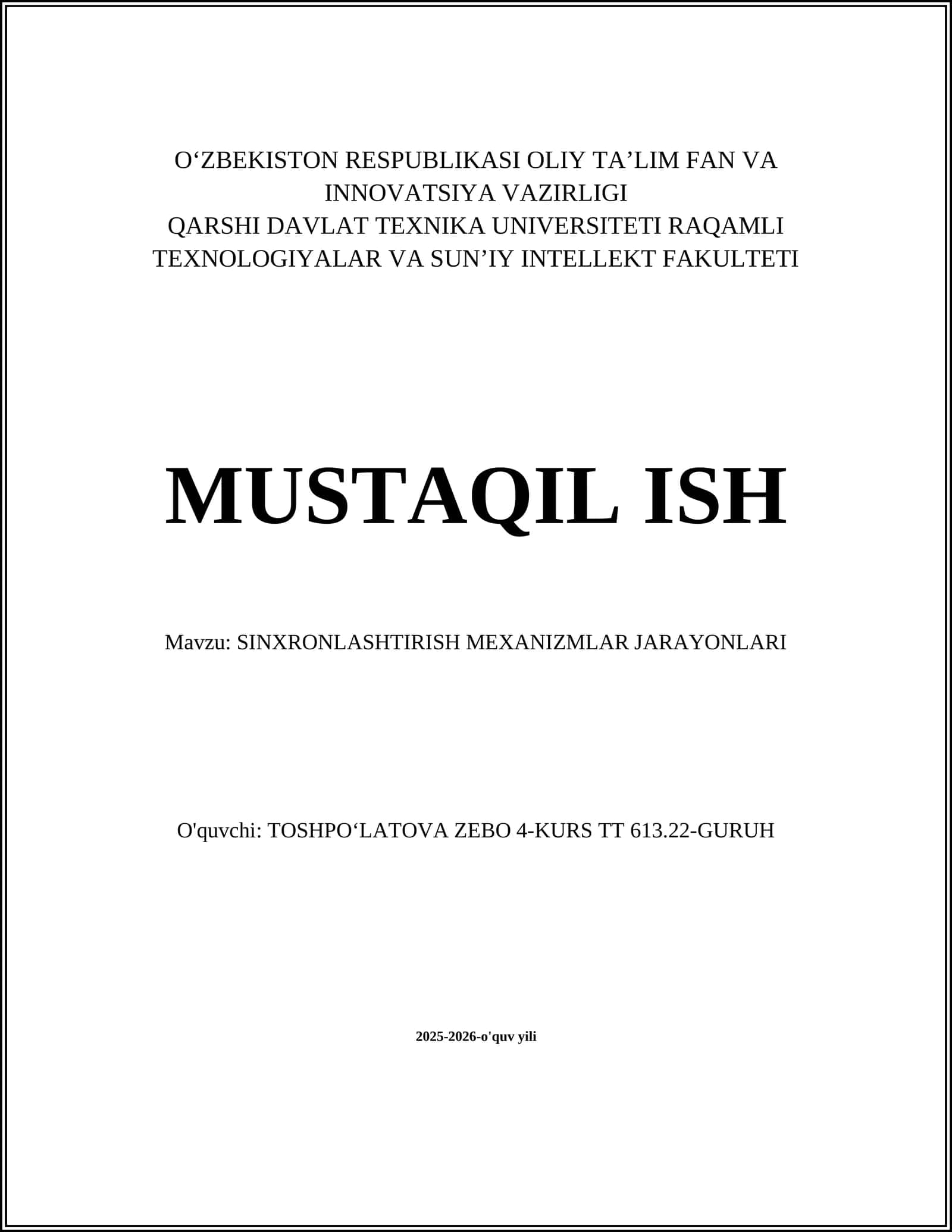 SINXRONLASHTIRISH MEXANIZMLAR JARAYONLARI