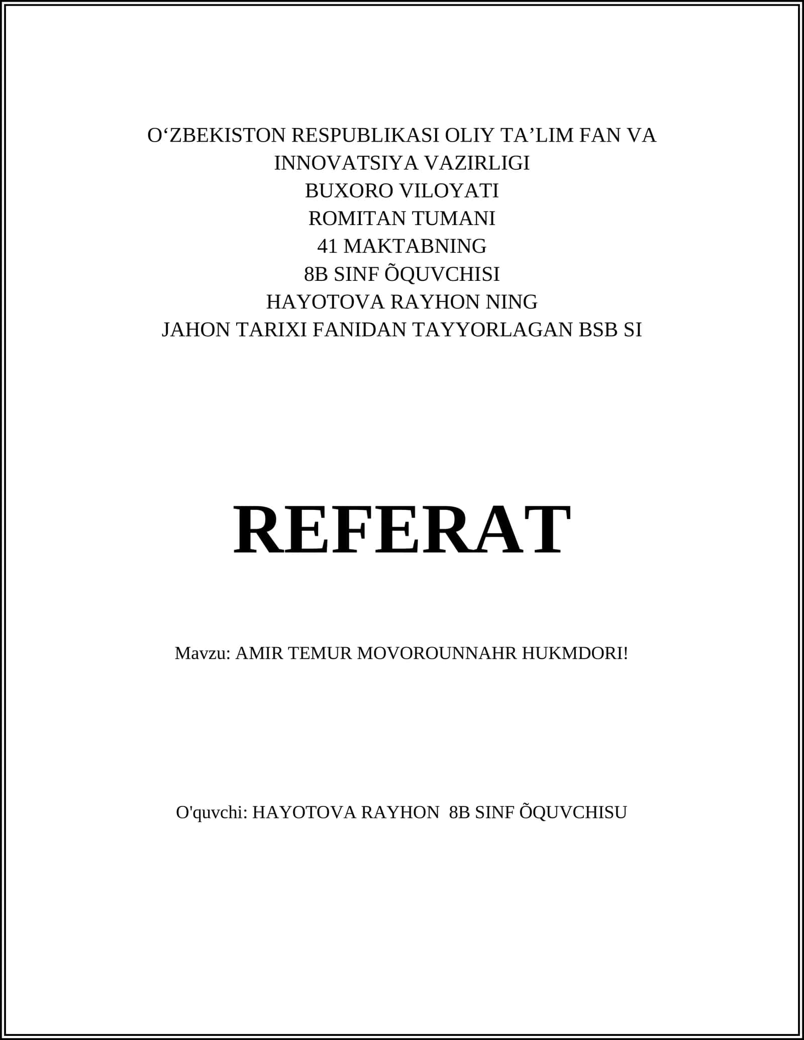 AMIR TEMUR MOVOROUNNAHR HUKMDORI REFERAT