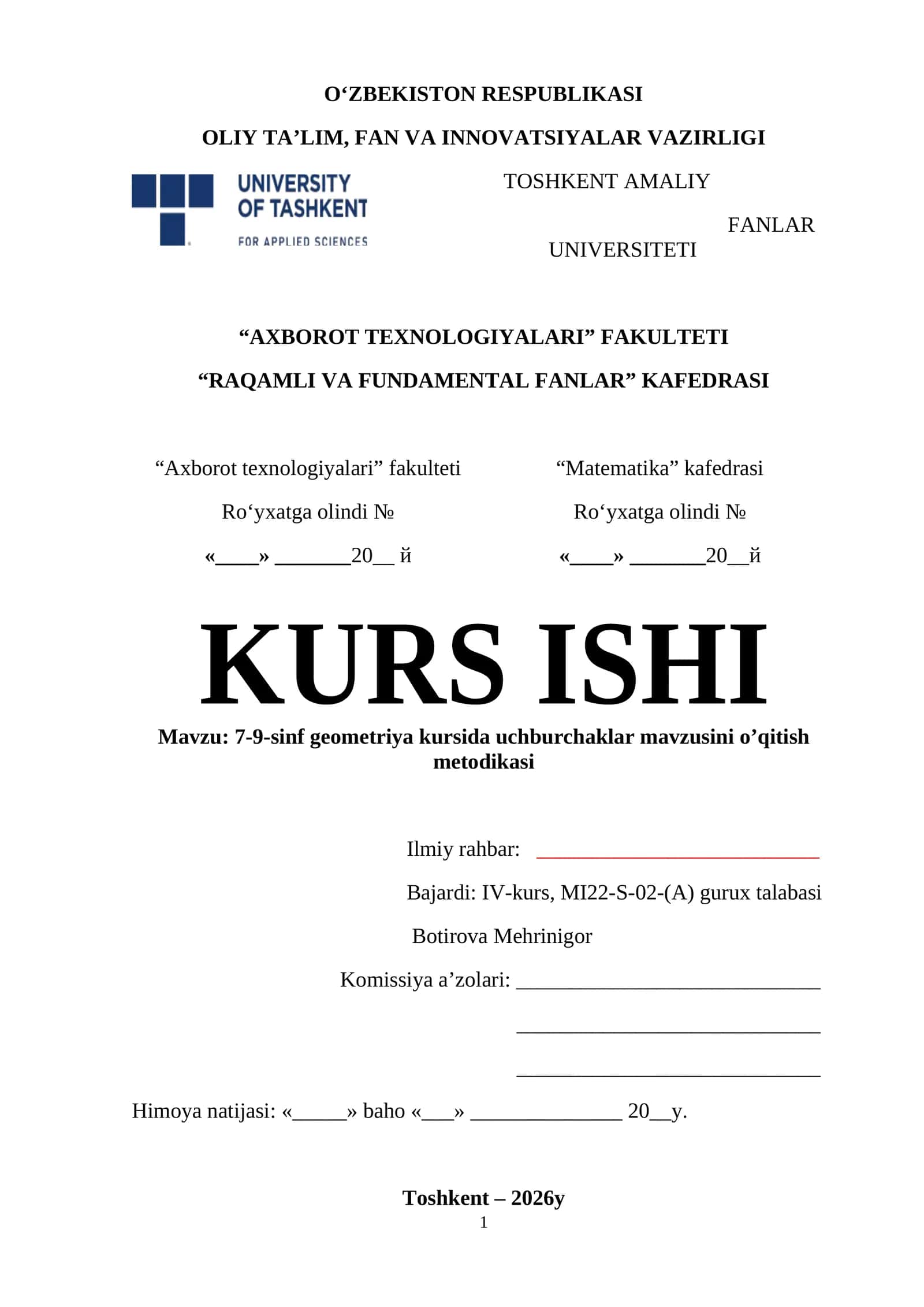 7-9-sinf geometriya kursida uchburchaklar mavzusini o’qitish metodikasi