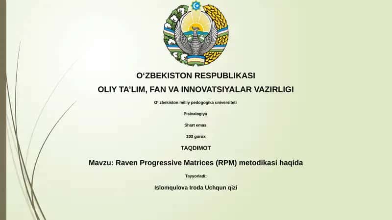 Raven Progressiv Matritsalari (RPM) Metodikasi