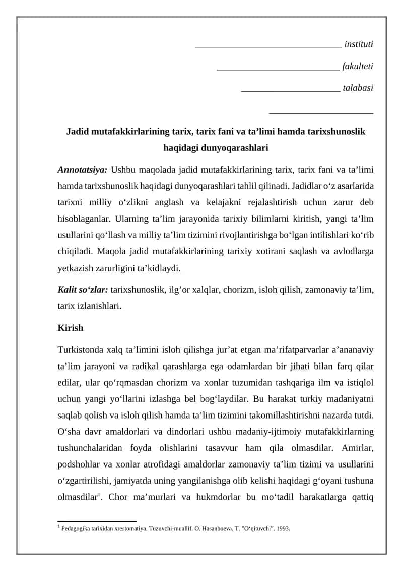 Jadid mutafakkirlarining tarix, tarix fani va ta’limi