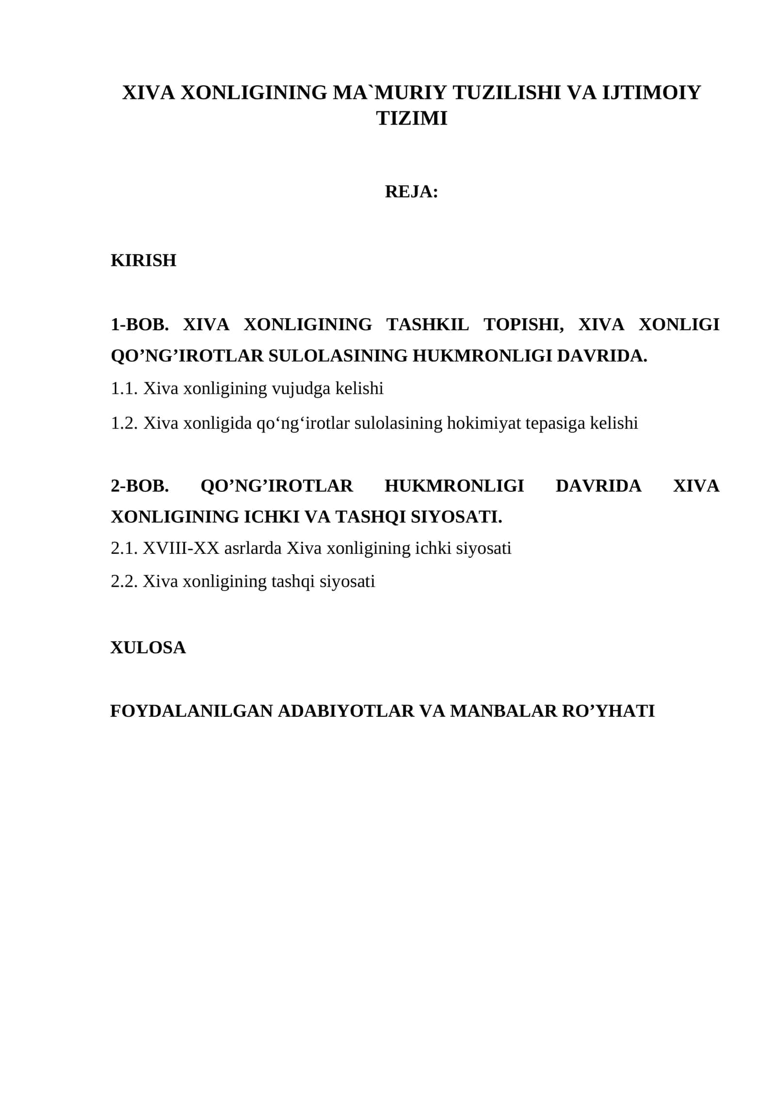 XIVA XONLIGINING MA`MURIY TUZILISHI VA IJTIMOIY TIZIMI