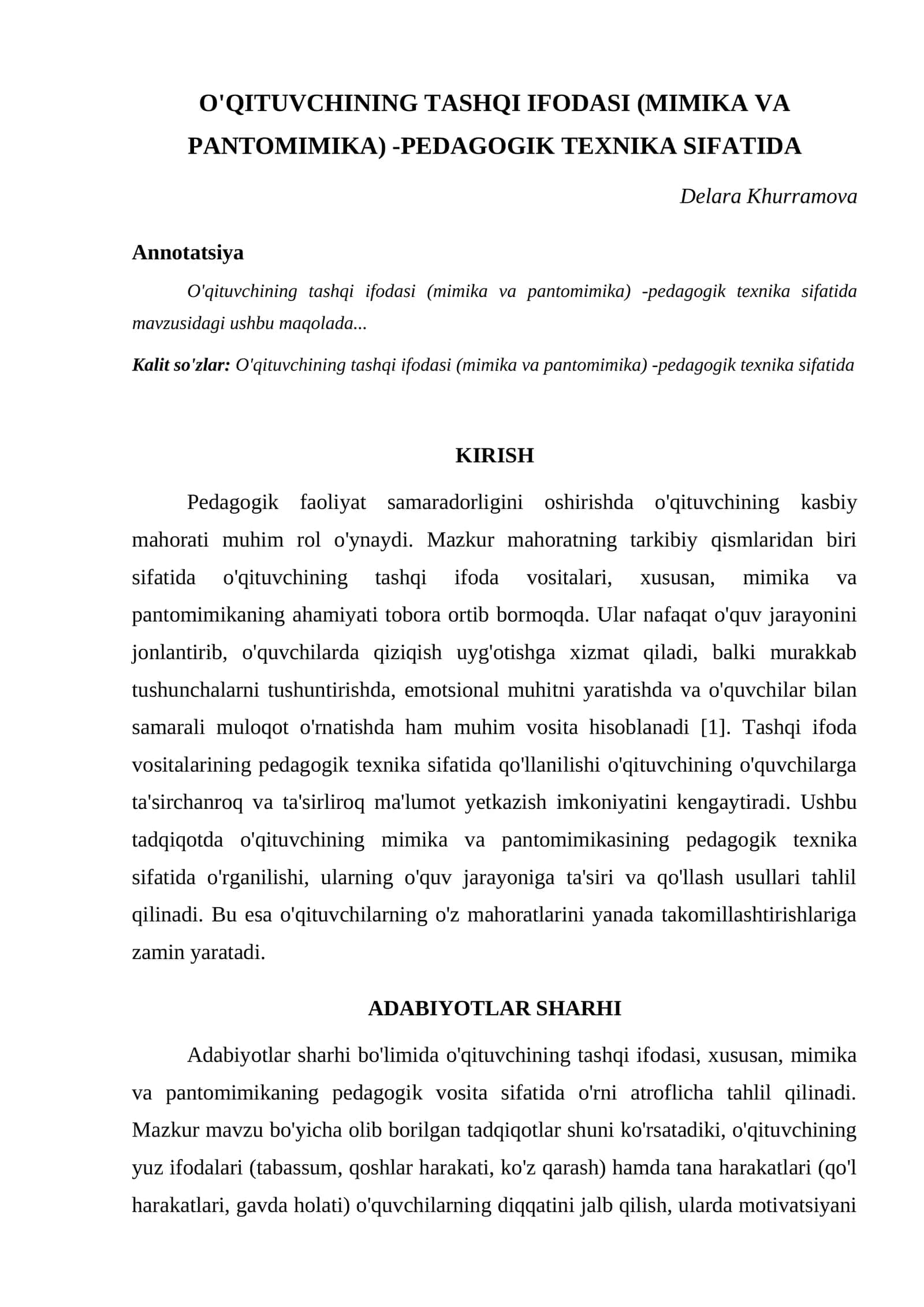 O'QITUVCHINING TASHQI IFODASI (MIMIKA VA PANTOMIMIKA) -PEDAGOGIK TEXNIKA SIFATIDA