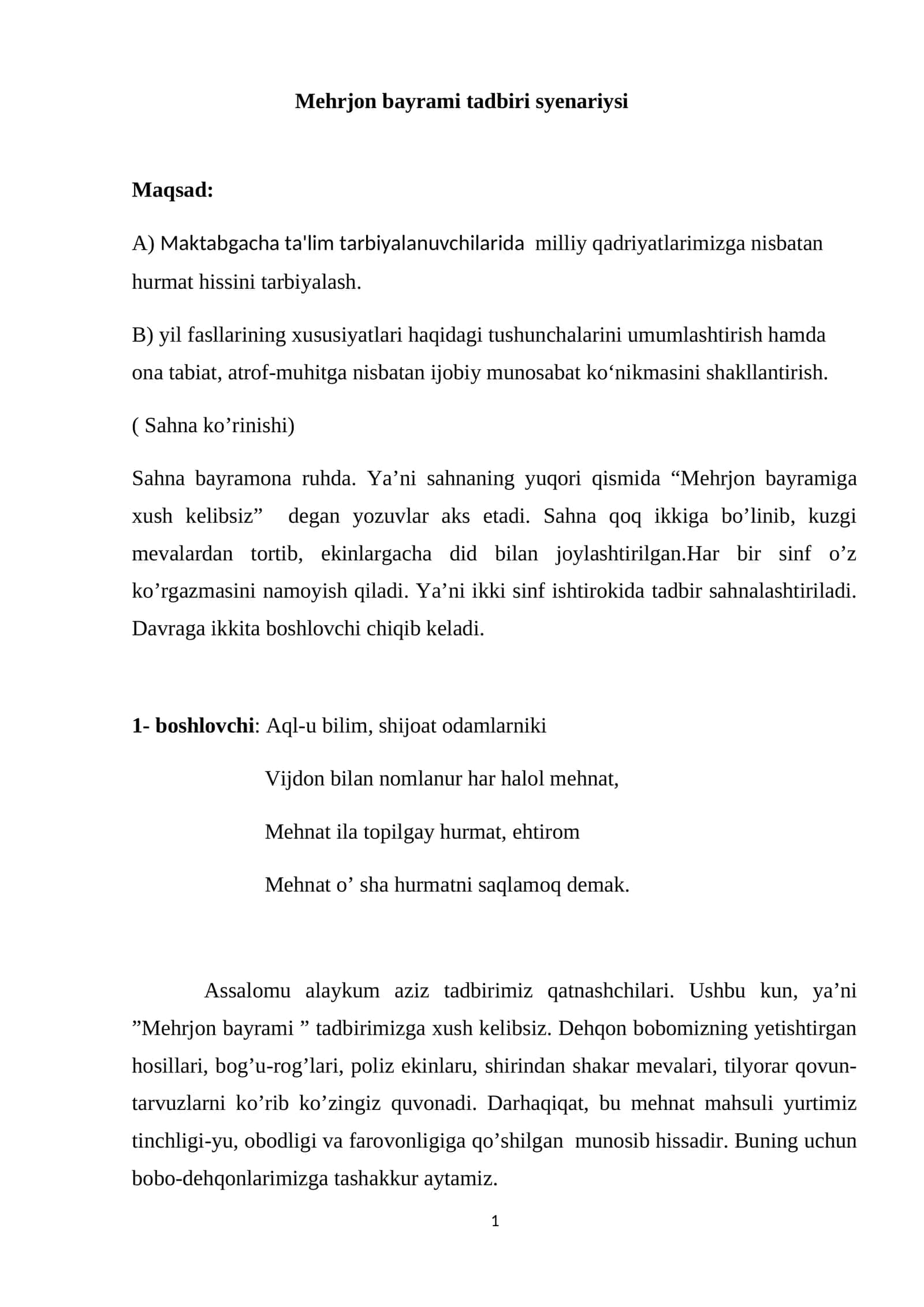 Mehrjon bayrami tadbiri syenariysi