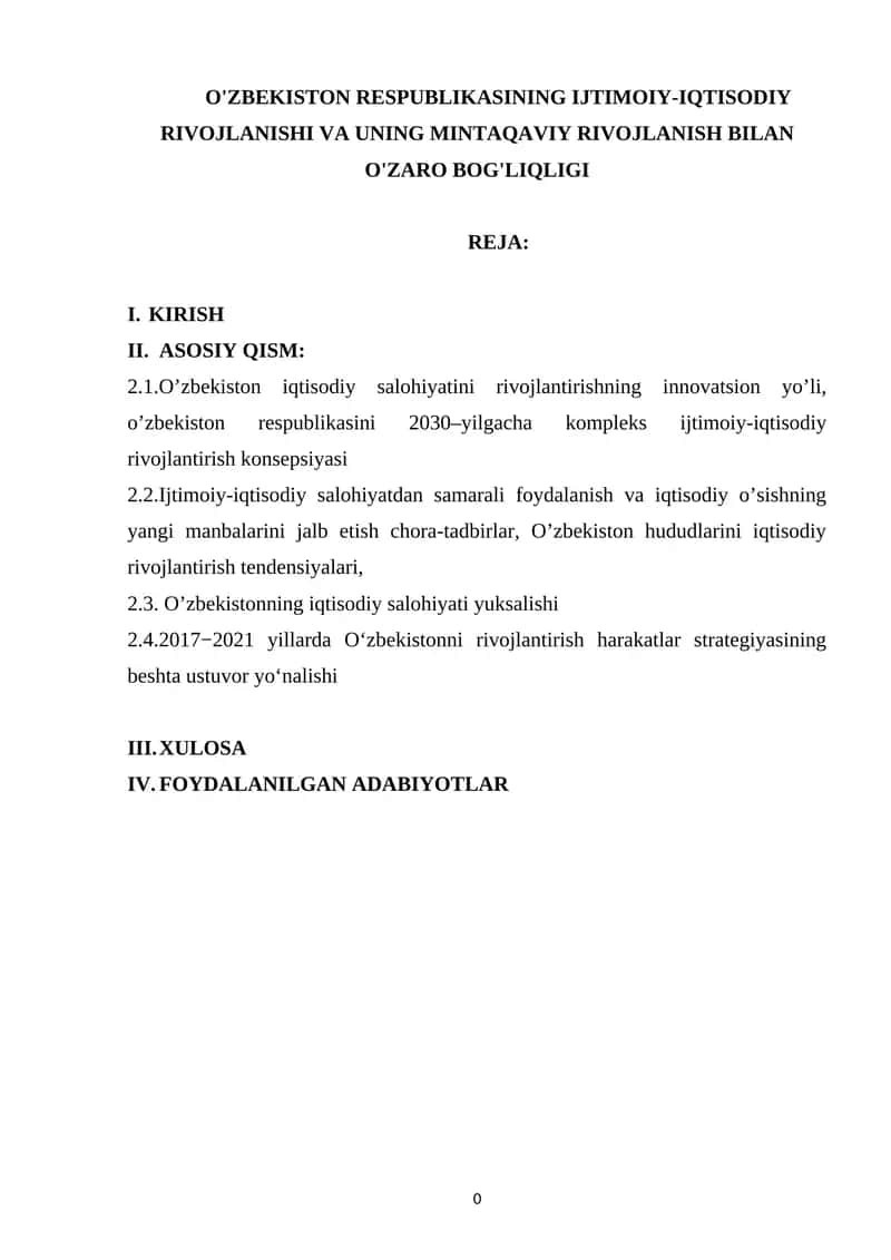 O'ZBEKISTON RESPUBLIKASINING IJTIMOIY-IQTISODIY RIVOJLANISHI VA UNING MINTAQAVIY RIVOJLANISH BILAN O'ZARO BOG'LIQLIGI