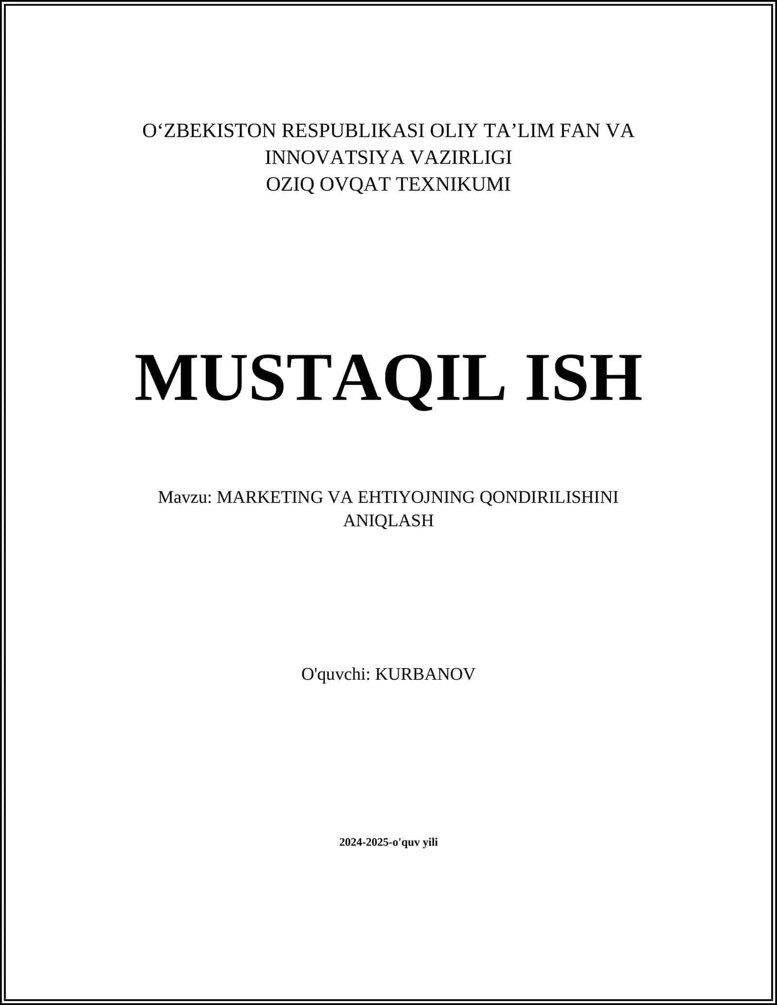 MARKETING VA EHTIYOJNING QONDIRILISHINI ANIQLASH