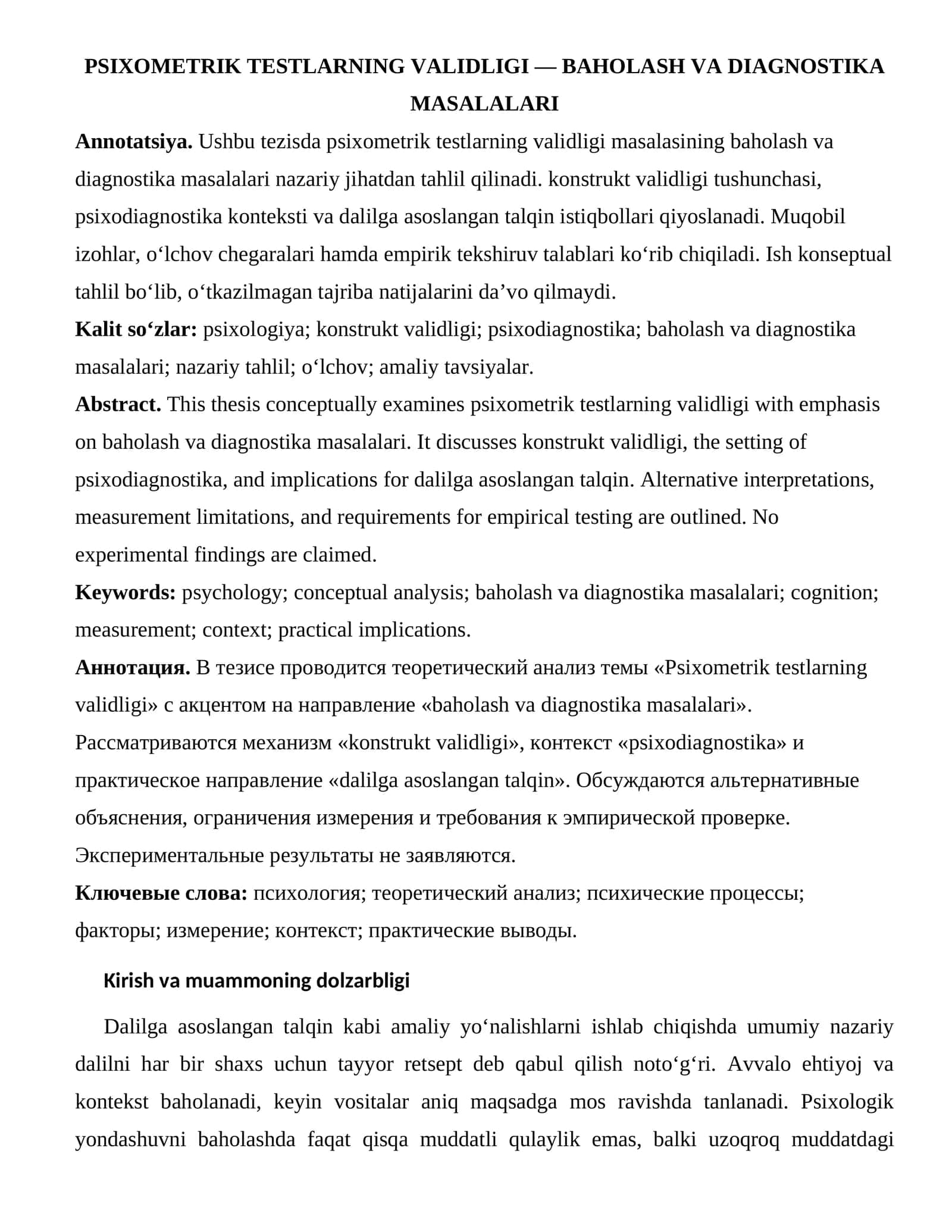 PSIXOMETRIK TESTLARNING VALIDLIGI — BAHOLASH VA DIAGNOSTIKA MASALALARI