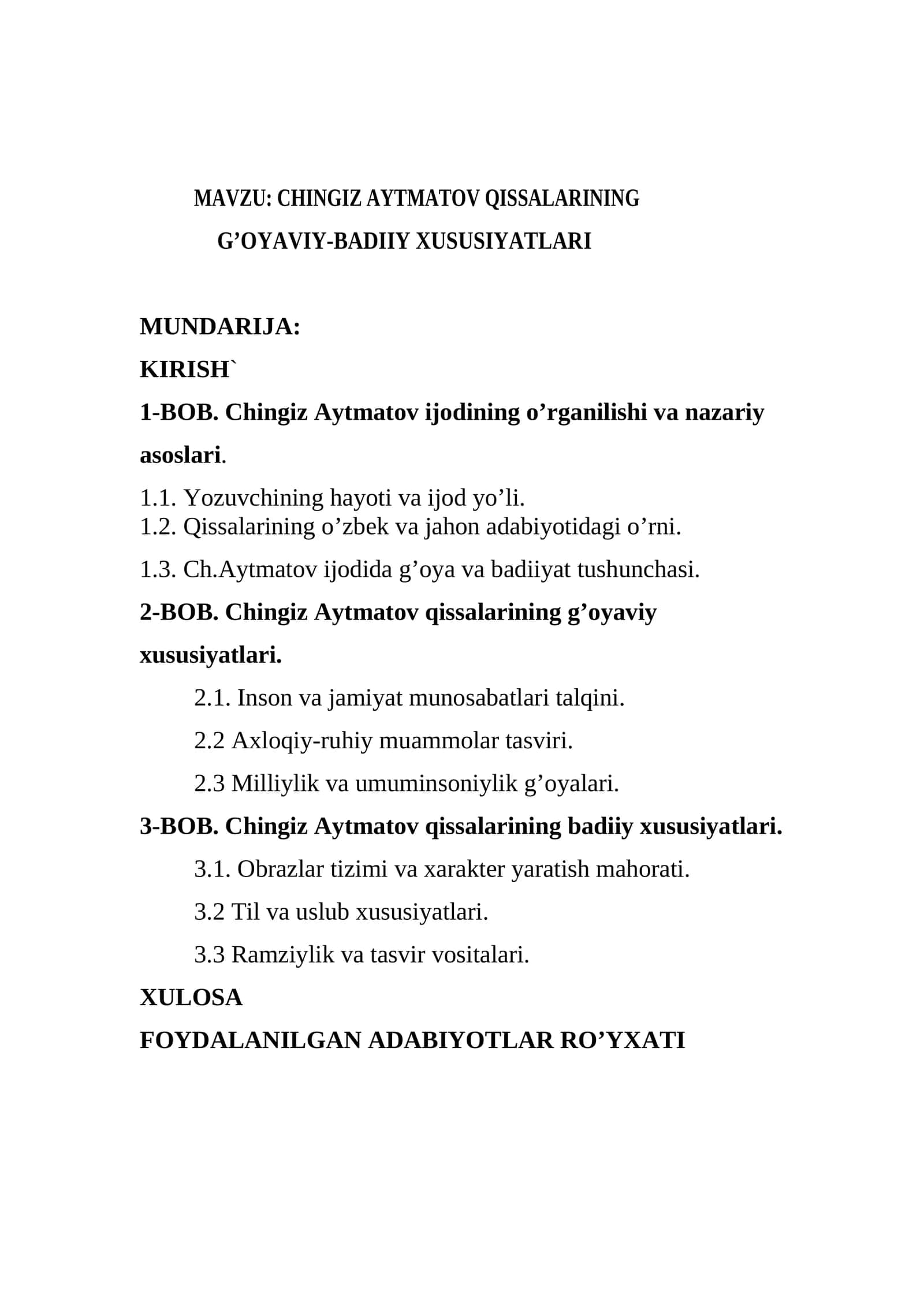 CHINGIZ AYTMATOV QISSALARINING G’OYAVIY-BADIIY XUSUSIYATLARI