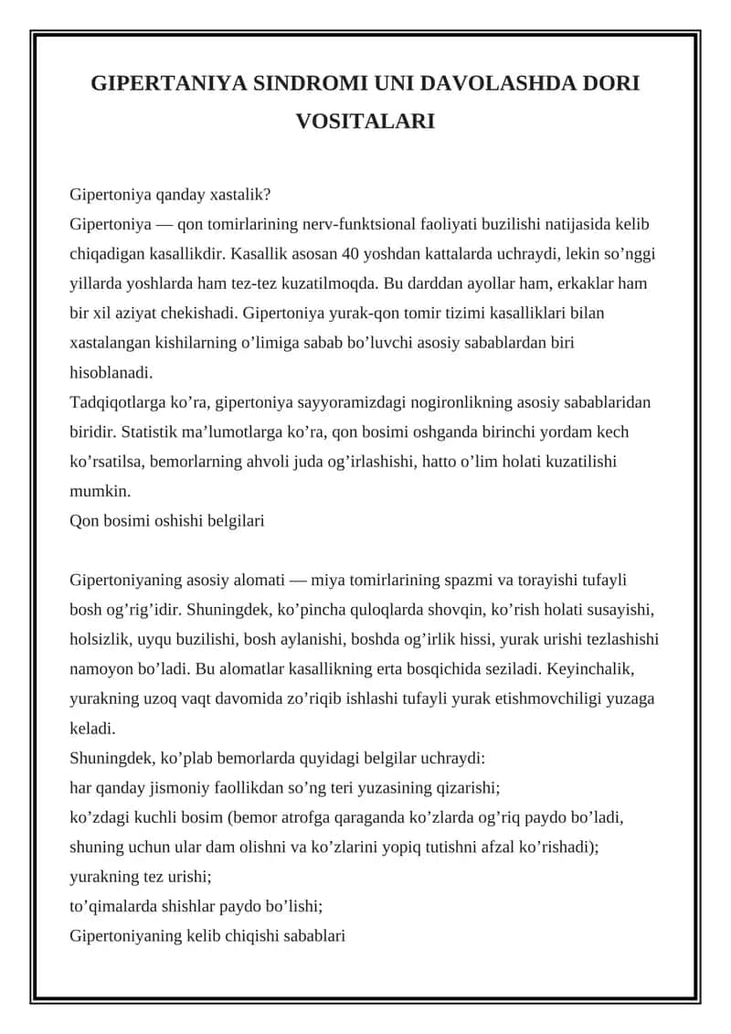 Gipertoniya Sindromi Uni Davolashda Dori Vositalari
