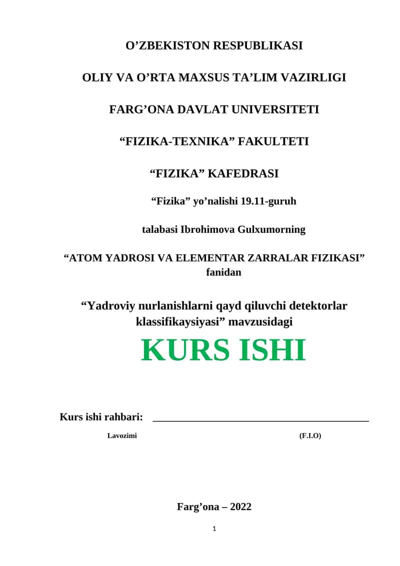 YADROVIY NURLANISHLARNI QAYD QILUVCHI DETEKTORLAR KLASSIFIKAYSI