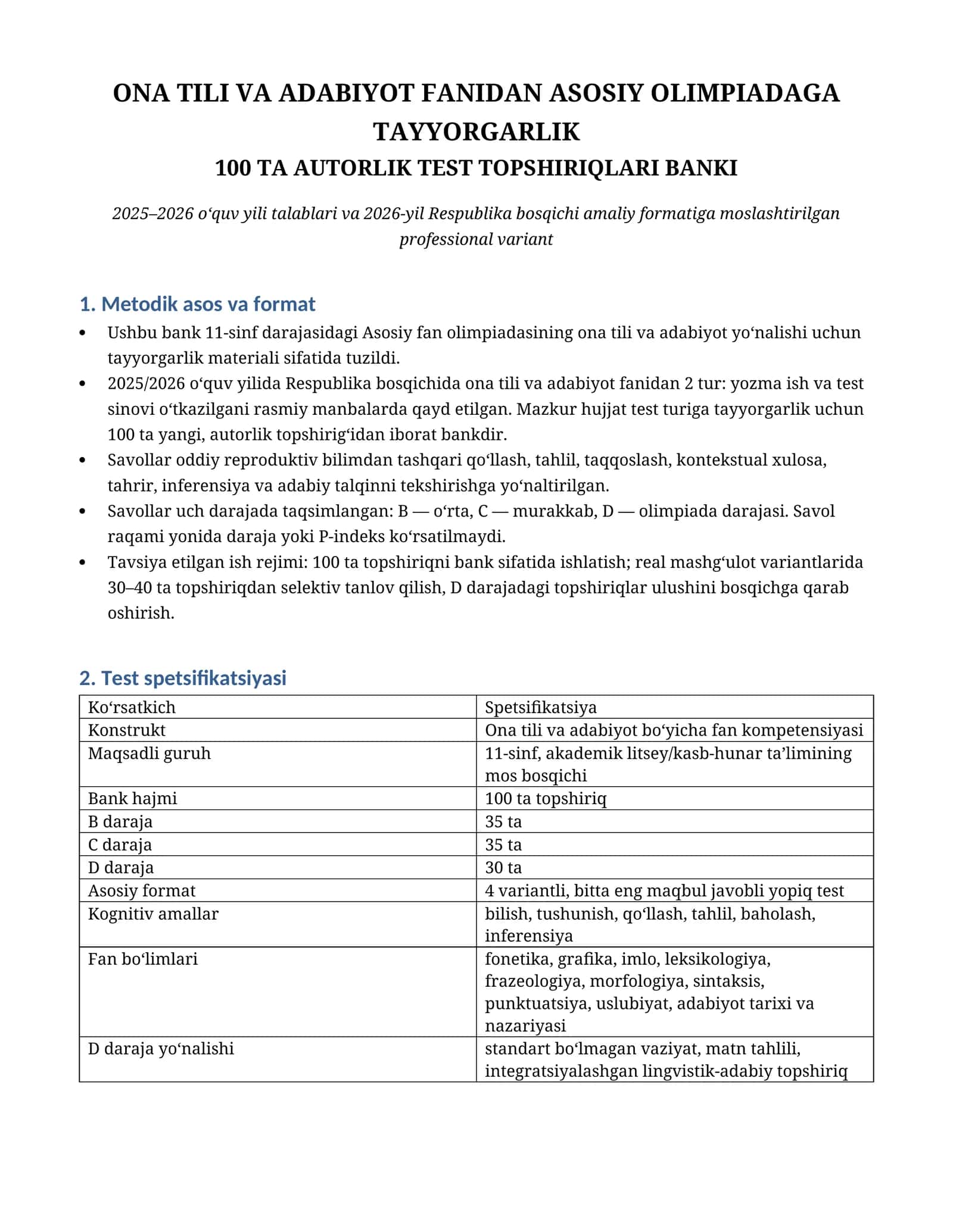 ONA TILI VA ADABIYOT FANIDAN ASOSIY OLIMPIADAGA TAYYORGARLIK 100 TA TEST TOPSHIRIQLARI BANKI