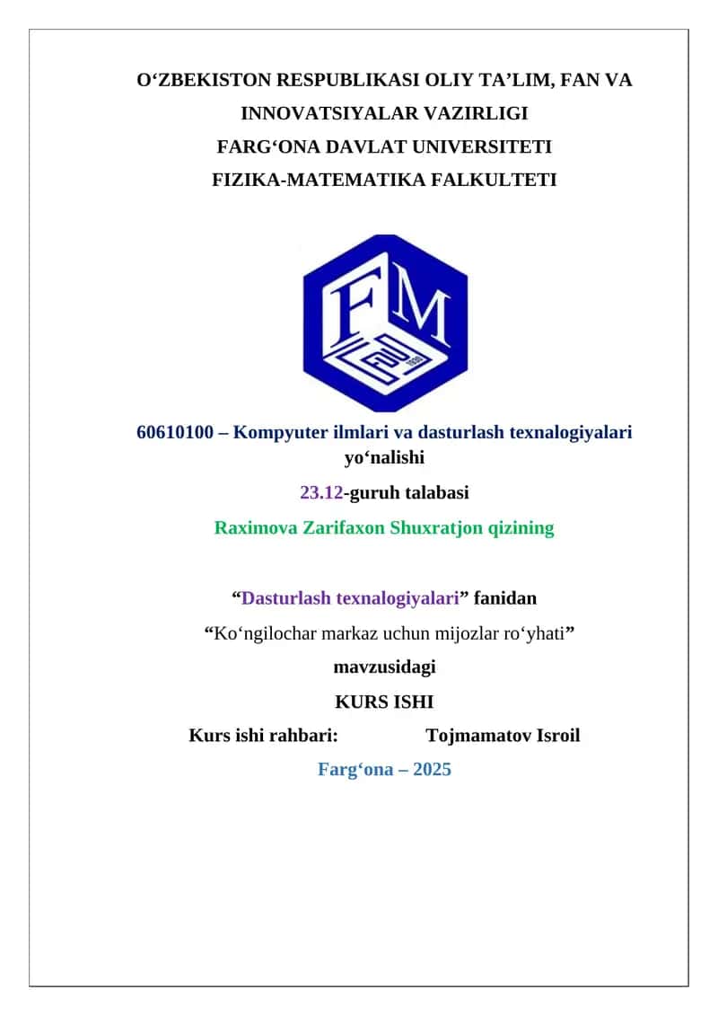 "Ko‘ngilochar markaz uchun mijozlar ro‘yhati" KURS ISHI