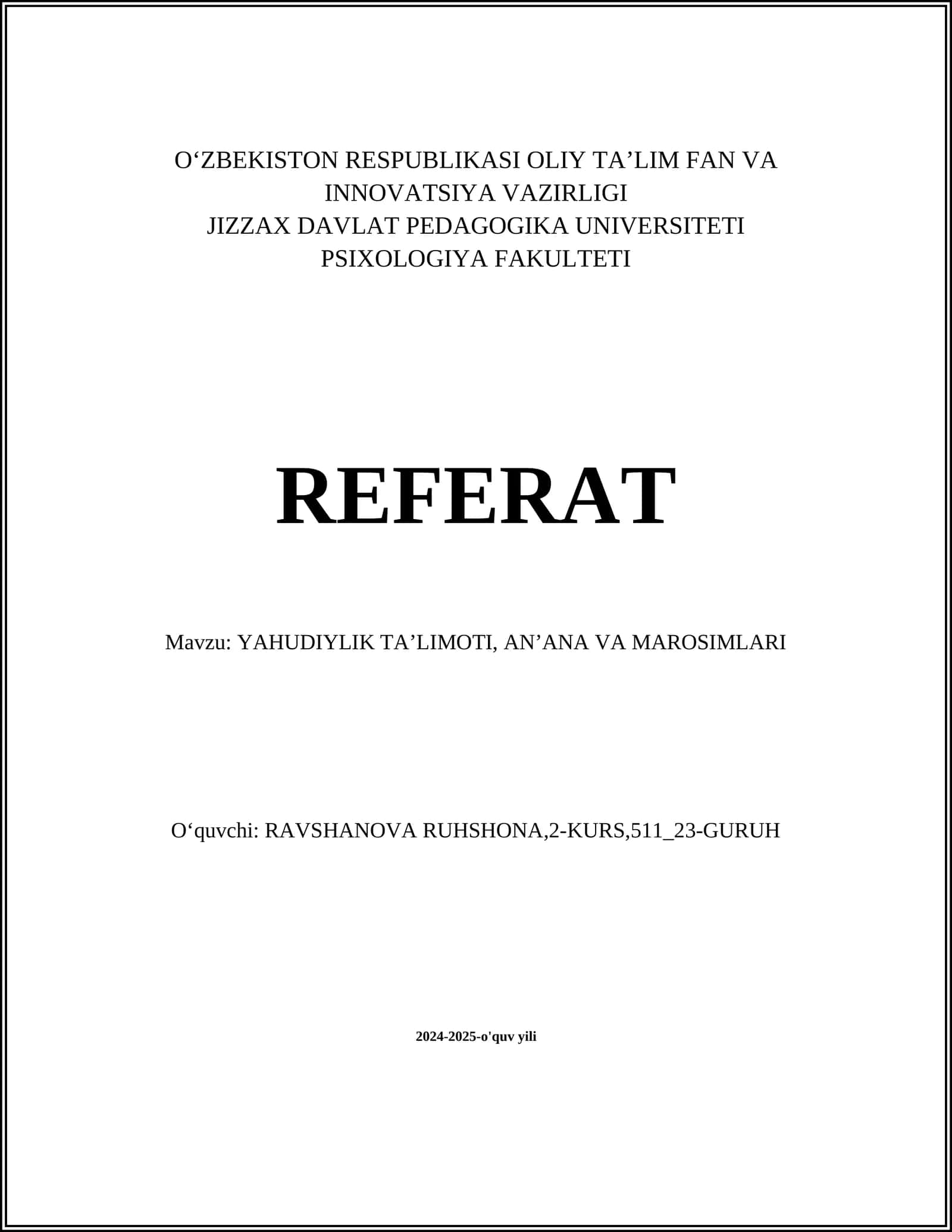 YAHUDIYLIK TA’LIMOTI, ANʼANA VA MAROSIMLARI