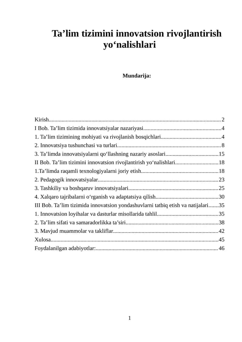Ta’lim tizimini innovatsion rivojlantirish yo‘nalishlari