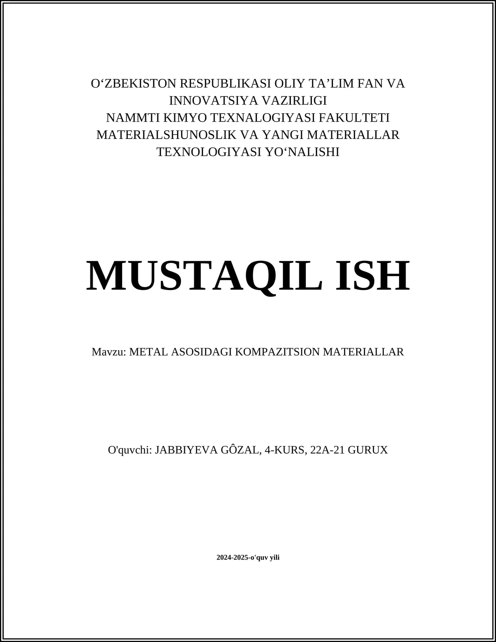 METAL ASOSIDAGI KOMPAZITSION MATERIALLAR