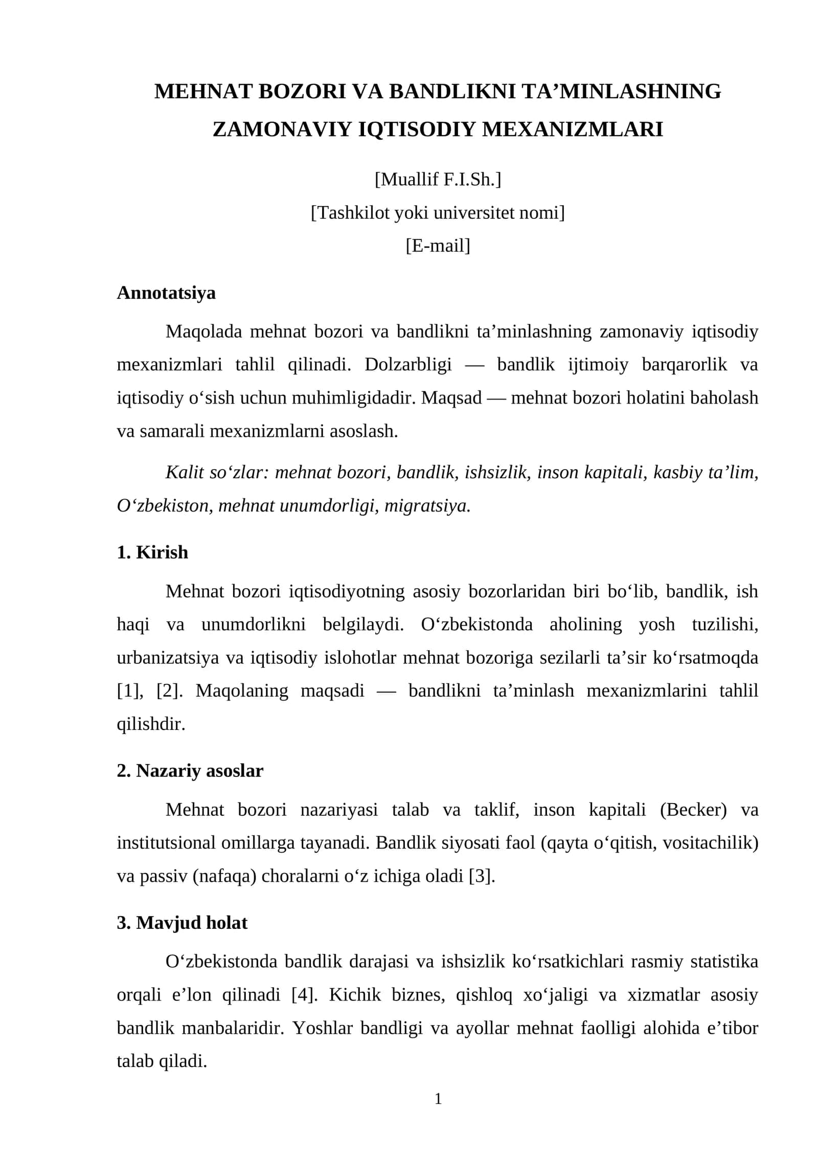 MEHNAT BOZORI VA BANDLIKNI TA’MINLASHNING ZAMONAVIY IQTISODIY MEXANIZMLARI