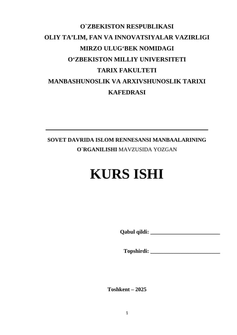 SOVET DAVRIDA ISLOM RENNESANSI MANBAALARINING O`RGANILISHI