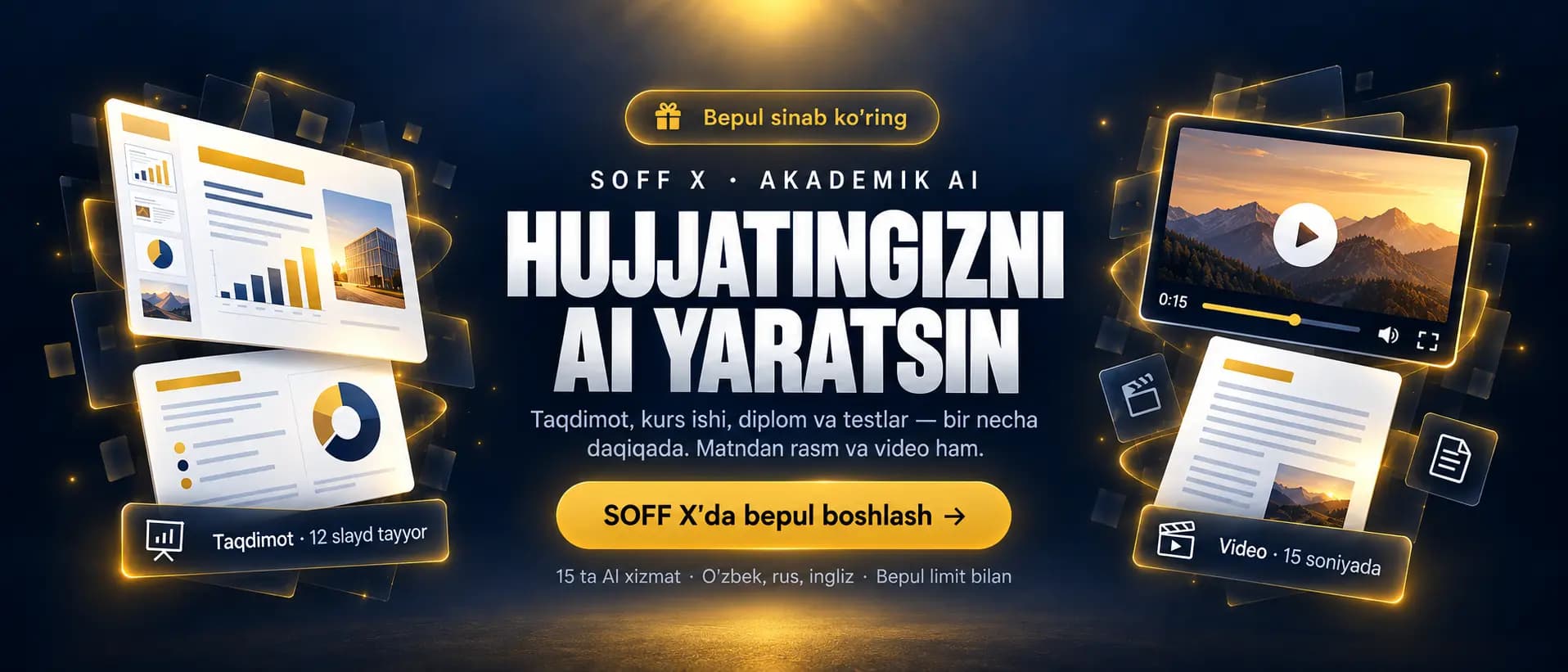 SOFF X — AI yordamida taqdimot, kurs ishi, rasm va video yarating