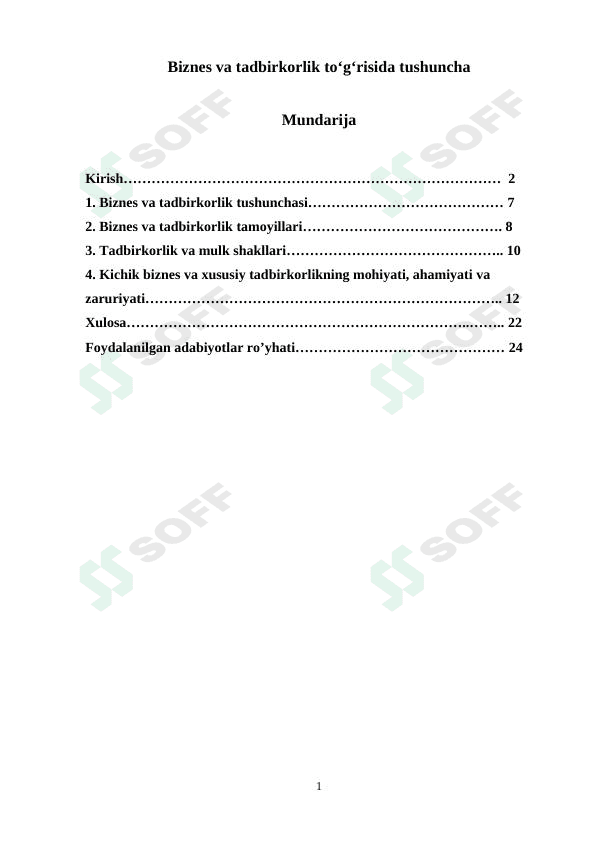 Biznes va tadbirkorlik toʻgʻrisida tushuncha. kurs ishi