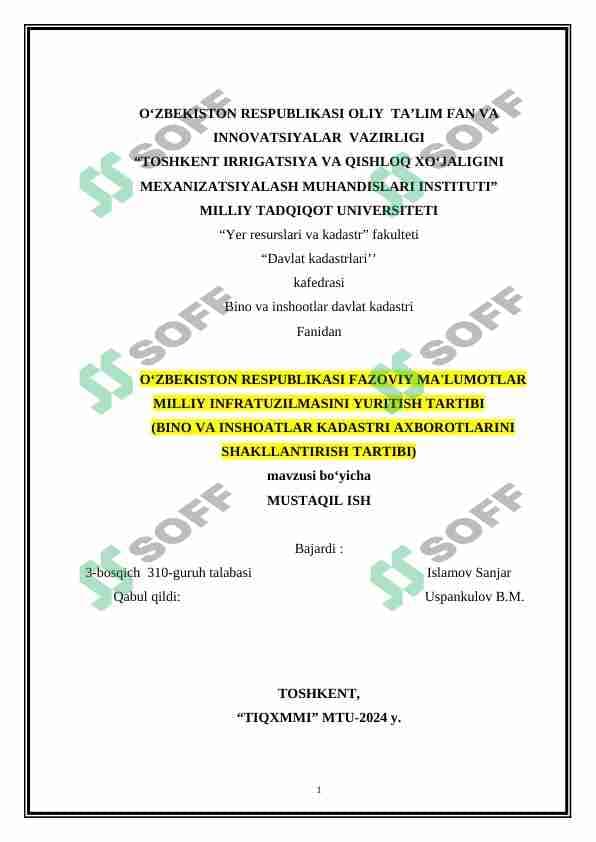 O‘ZBEKISTON RESPUBLIKASI FAZOVIY MA'LUMOTLAR MILLIY INFRATUZILMASINI YURITISH TARTIBI (BINO VA INSHOATLAR KADASTRI AXBOROTLARINI SHAKLLANTIRISH TARTIBI)