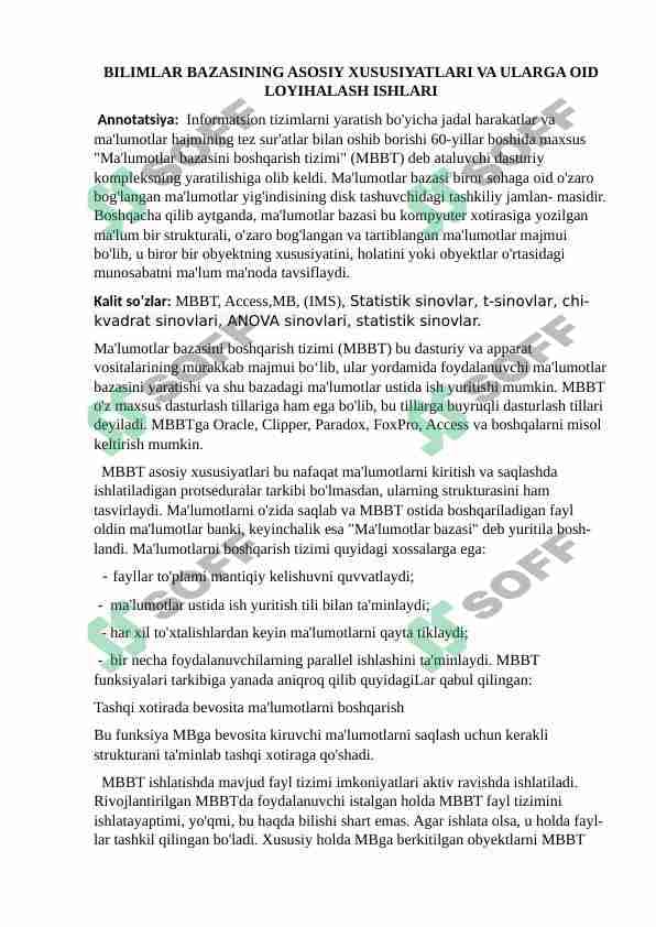 BILIMLAR BAZASINING ASOSIY XUSUSIYATLARI VA ULARGA OID  LOYIHALASH ISHLARI