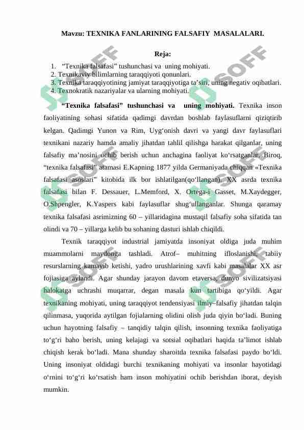 TEXNIKA FANLARINING FALSAFIY  MASALALARI