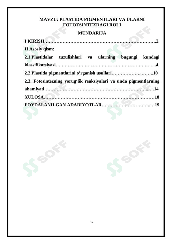 Plastida pigmentlari va ularni fotosintezdagi roli
