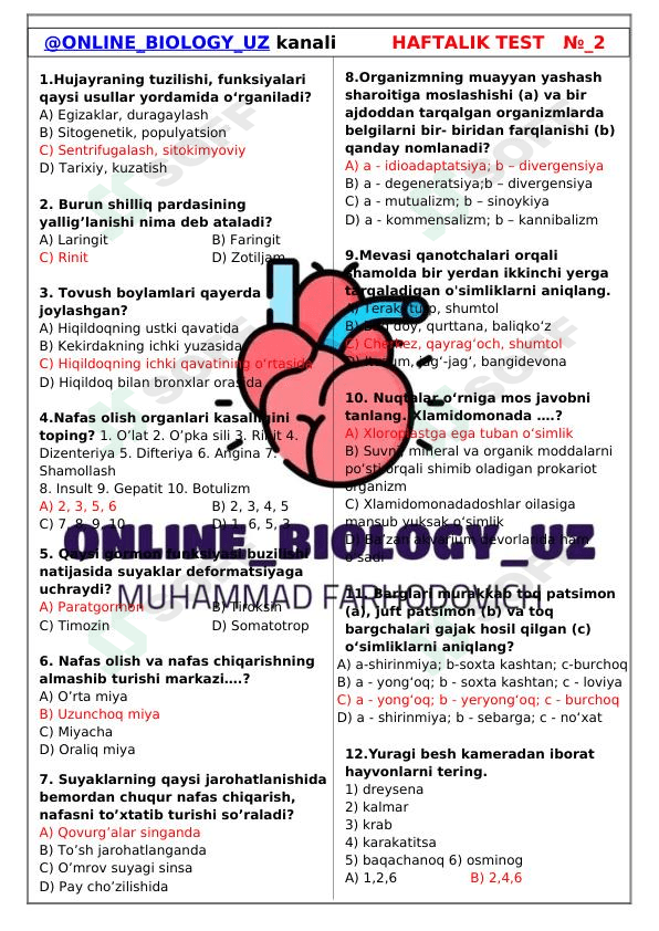 BIOLOGIYA FANIDAN DTM TESTLARI-30 TALIK